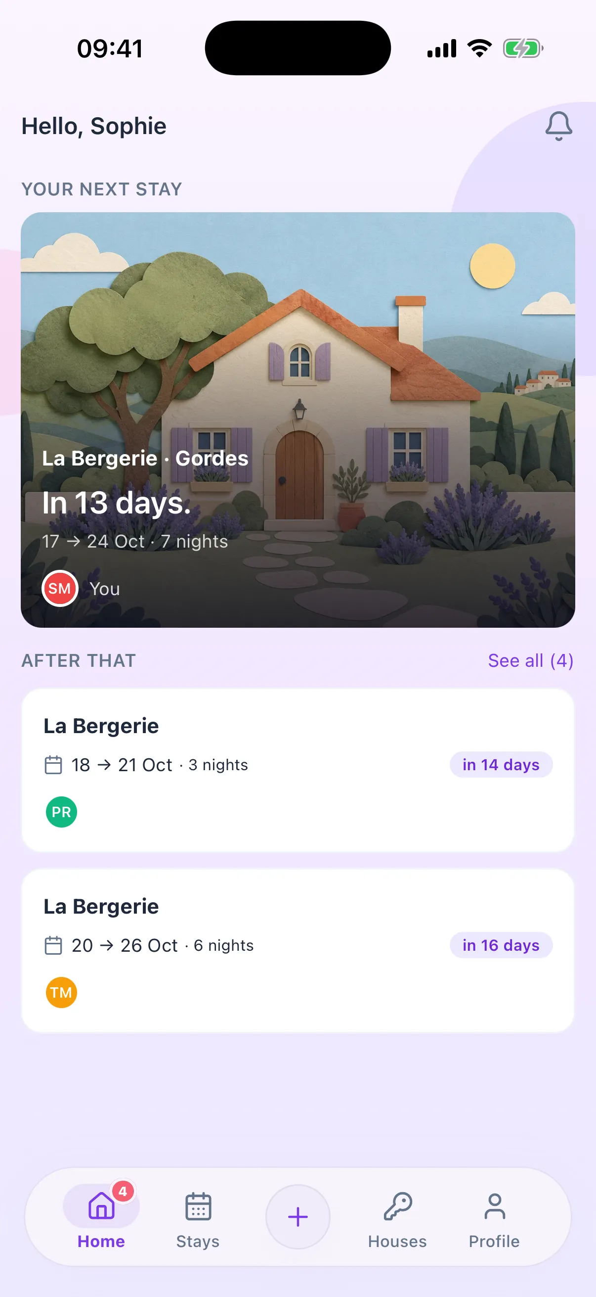 Priboo home screen: “Hello, Sophie”, the next stay at La Bergerie in 13 days, from 17 to 24 October, then the following stays with the participants’ initials.
