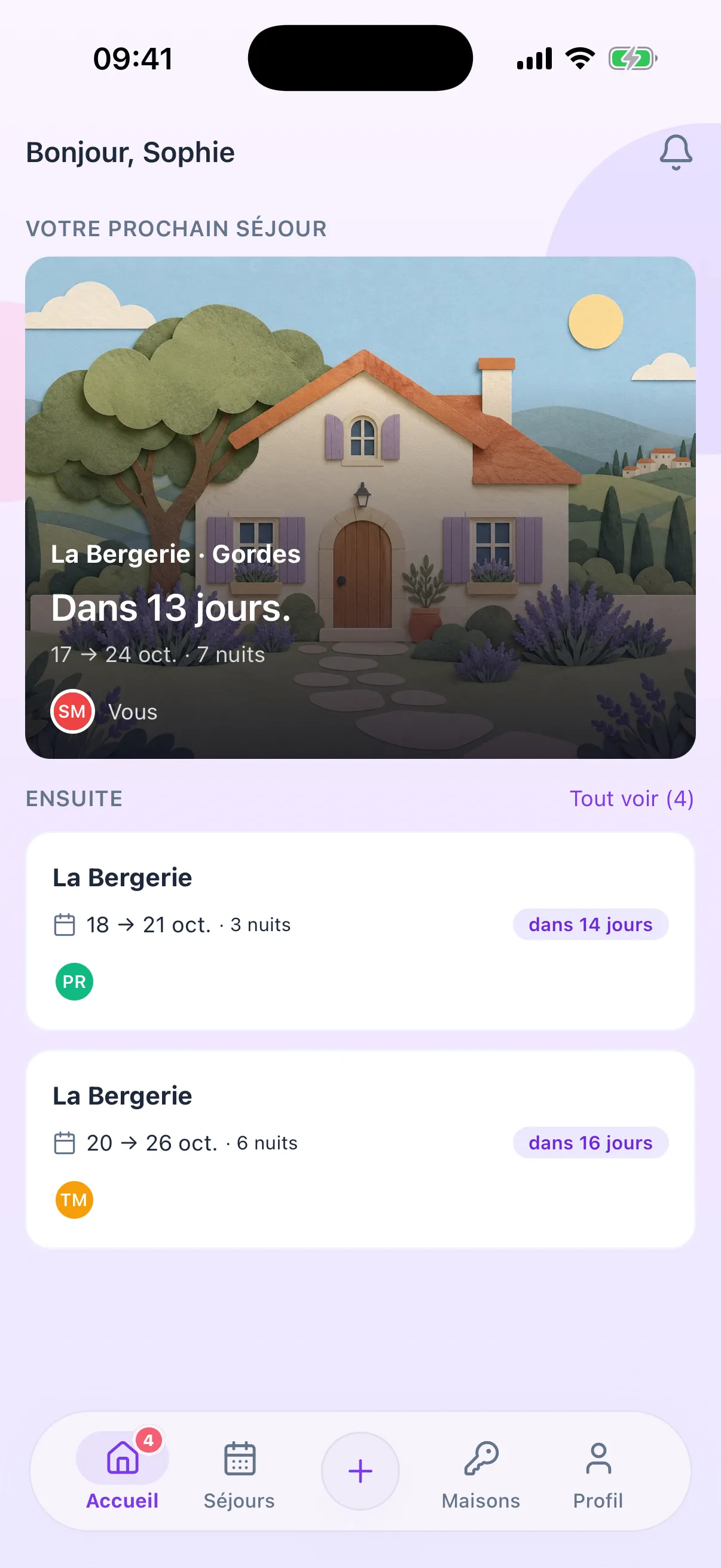 Accueil de Priboo : « Bonjour, Sophie », le prochain séjour à La Bergerie dans 13 jours, du 17 au 24 octobre, puis les séjours suivants avec les initiales des participants.