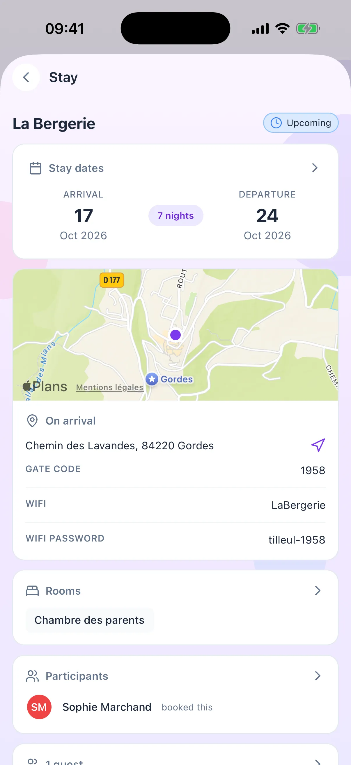 The stay at La Bergerie: arriving 17 October, leaving the 24th, map, address, gate code, WiFi and participants.