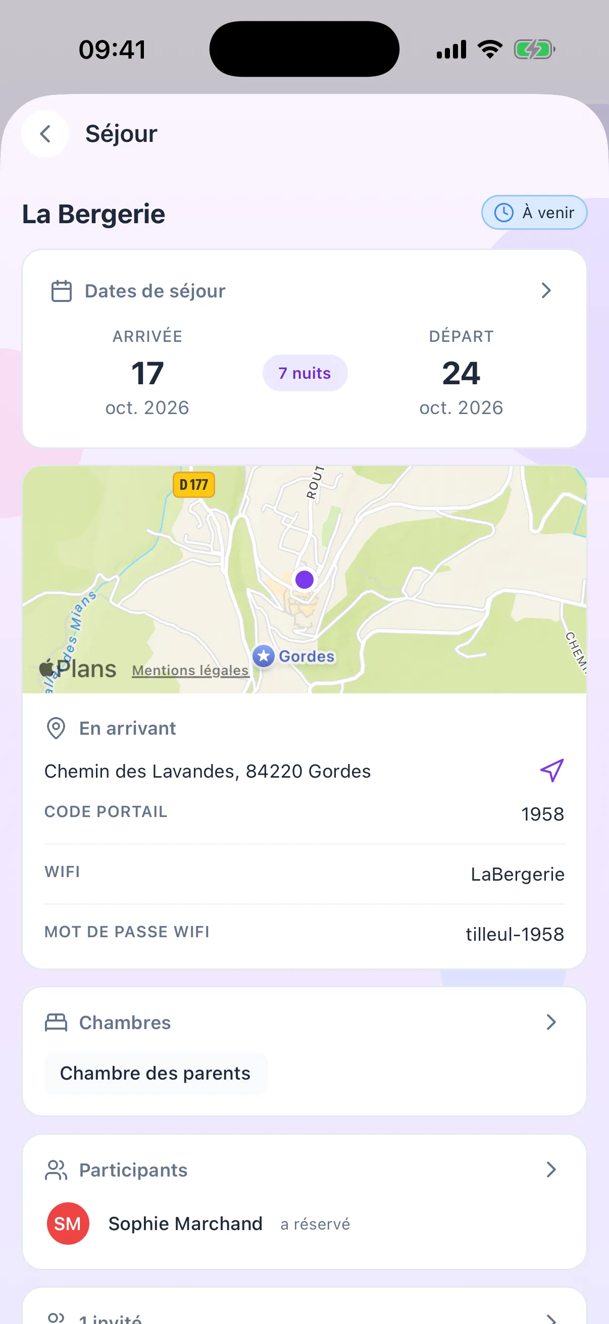 Fiche du séjour à La Bergerie : arrivée le 17 octobre, départ le 24, carte, adresse, code du portail, WiFi et participants.